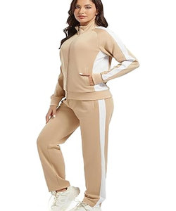 Ensemble de survêtement de gymnastique d'entraînement de gymnastique de jogging décontracté pour femmes à manches longues tenue zippée complète avec poches 2 pièces - Product Image 1