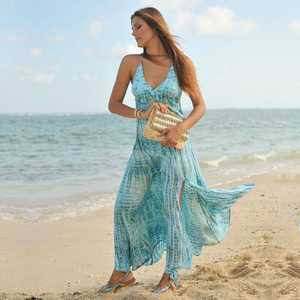 Robe maxi longue sexy dos nu en tissu rayonne 100% pour femmes, style bohème plage, bleu ciel tie-dye, taille unique, pour les vacances à la plage - Product Image 3