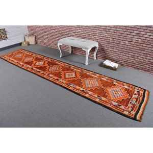 Alfombra Turca de 2.6x12.5 pies, Alfombra Vintage, Alfombra Abstracta Herki Naranja - Product Image 2