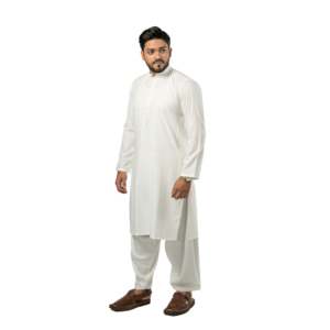 CLK-19 Nadeem Kurta Men's <b>Kameez</b> <b>Shalwar</b> (Embroidered/Formal) Off-<b>White</b> 100% Cotton Breathable Long Simple Straight-Cut Sleeve - Product Image 3