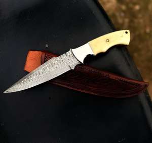 Couteau de chasse Damas fait main avec lame fixe en os de chameau, couteau viking pour le camping en plein air, bushcraft, avec personnalisation OEM - Product Image 1
