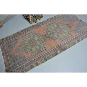 3.5x7.5 ft Vintage Turkish Rug, Area Rug, <b>Brown</b> Blue Striped <b>Wool</b> Rug - Product Image 2