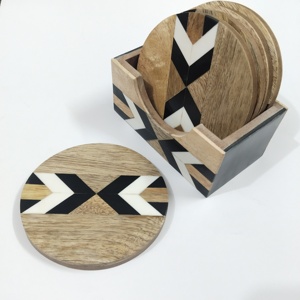 Rustic Wood and Resin <b>Coaster</b> Round <b>Drink</b> <b>Coasters</b> with Holder Striped Black & White resinInlay for Stylish Home or Living Room - Product Image 2