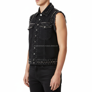 Chemise en jean noire sans manches pour homme, coupe slim, effet vieilli, bords bruts, style décontracté, avec double poches, personnalisable OEM - Product Image 4