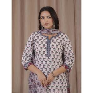 Ethnic White Grey Hand Drawn <b>Block</b> <b>Printed</b> Cotton Kurta Pant Set Latest Design Anarkali Salwar Suit for Party Wear Made Net - Product Image 1
