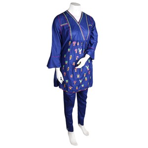 Traje de Dos Piezas de Algodón Bordado para Mujer - Azul Marino - Azul Marino/Azul - Product Image 1