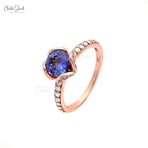 Bague de mariage florale en or rose 14 carats avec tanzanite et diamant blanc, pierre précieuse taillée de 7 mm, style tendance, collection de bijoux en gros - Product Image 5