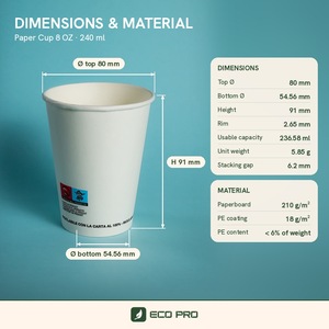 Gobelets à café en papier jetables de 8 oz, recyclables, écologiques, à paroi simple, de qualité alimentaire, pour boissons chaudes/froides, légers et durables - Product Image 4