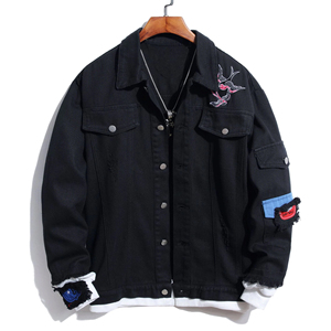 Casual <b>Men's</b> Cotton Trucker <b>Denim</b> <b>Jacket</b> Button-Front Design Winter Season Flower Embroidery Letter Print Patchwork Ripped - Product Image 3
