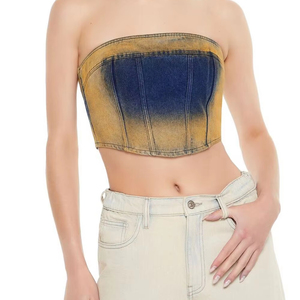 Top corto de Tubo de mezclilla con chorro de arena más vendido de 2025 para mujer, informal, transpirable, bajo MOQ, personalizable, azul medio, lavado con ácido, fiestas - Product Image 1