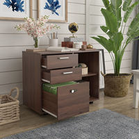Bureaux de travail à domicile modernes en bois massif, armoire à dossiers latérale à 3 tiroirs avec serrure, support d'imprimante mobile avec étagère de rangement ouverte
