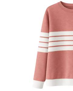 Ensemble deux pièces décontracté pour femme, pull à col rond rayé rose personnalisé et pantalon large blanc, tenue en tricot d'hiver - Product Image 3