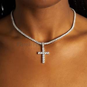 <b>Cross</b> Pendant Moissanite Gemstone with 925 <b>Sterling</b> <b>Silver</b> White Gold Plated Hiphop Style Gold Plated for Party Charms - Product Image 1