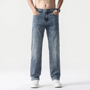 2025 dernière conception Logo personnalisé enduit hommes taille haute léger Style droit Denim pantalon taille élastique grande taille mi 100% coton - Product Image 4
