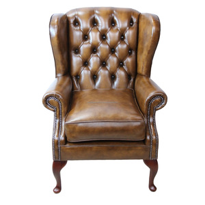 Sillón Chesterfield de Cuero Genuino con Respaldo Acolchado, Brazos Enrollados, Patas de Madera Maciza, Color Marrón, Sofá para Sala de Estar - Product Image 3