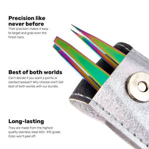 OEM Wholesale Professional Precision Eyebrow Tweezers Scissors Set 3-Piece Premium <b>Rainbow</b> Finish Faux Leather Case Eco-Friendly - Product Image 2