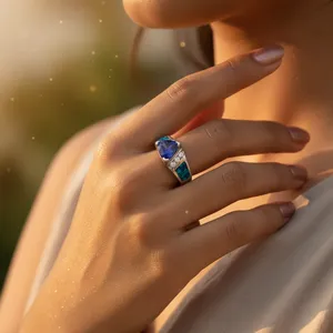 Bague de fiançailles vintage en argent 925 pour femme Art Palace, saphir taille poire, sertie à griffes, bijoux fins - Product Image 1