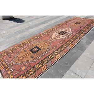 Alfombra turca Kilim de 4,9x15 pies, diseño de retazos marrón y naranja, técnica de tejido plano, Material de lana viscosa para adolescentes, estilo Tabriz - Product Image 2