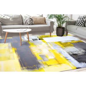 Tapis imprimé : moderne, facile à nettoyer, design jaune et gris, tapis fin non tissé - Product Image 1