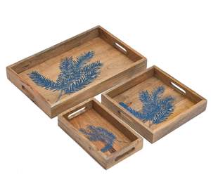 Plateau de service en bois imprimé feuilles bleues, plateau en bois fait à la main avec poignées, plateau de service à dessert empilable, disponible pour les restaurants - Product Image 2
