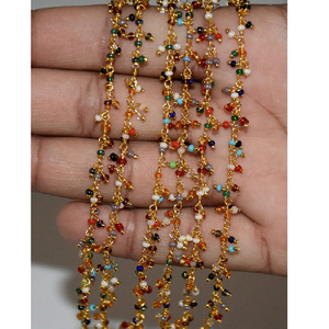 2mm Multicolor Gemstone Cluster <b>Rosary</b> Chain Gold Plated Wire Wrapped Jewelry Making Supply Chain by Foot - Product Image 1