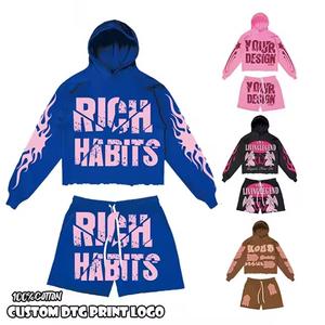 Vente en gros Ensemble short à capuche 100% coton décontracté pour hommes Respirant Léger Écologique Hiver Imprimé Strass Sans couture - Product Image 4