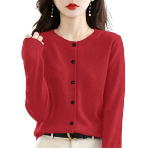 Womens Red Knit <b>Cardigan</b> <b>Sweater</b> Long Sleeve Button Front Neck Casual Simple Winter Smart Top Office Daily Wear Style Fits - Product Image 1