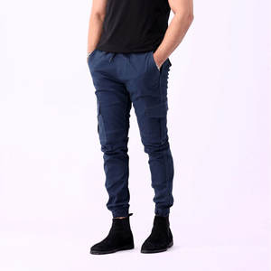 "<b>Men</b> Navy Blue <b>Cargo</b> <b>Jogger</b> Pants | Tapered Fit Stretch Trousers with Side Pockets | Urban Utility Streetwear" - Product Image 2