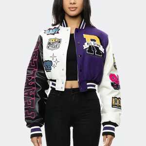 Chaqueta corta de béisbol con letras para mujer, chaquetas de manga larga hechas en satén para mujer, precio al por mayor, chaquetas de mujer OEM de gran venta - Product Image 3