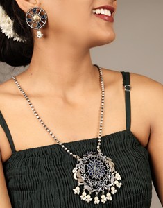 Conjunto de Collar y Pendientes con Bisel de Ónice y Plata Antigua Oxidada para Mujer, Regalo de Boda y Compromiso - Product Image 4