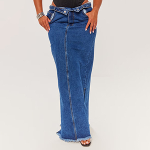 Tùy Chỉnh Gấp Hơn Rửa Thấp Eo Denim Jeans Dài Maxi Váy Cho Phụ Nữ - Product Image 2