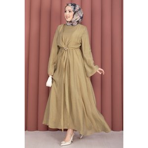 Robe Empire Confortable Vert Olive Coupe A-Line avec Broche Dorée et Boléro Intégré, Style Modeste en Crochet Pailleté pour Invitées de Mariage et Soirées - Product Image 5