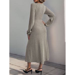 Abito Lungo a Costine con Scollo Incrociato e Maniche Lunghe, Cappuccio, Elegante e di Tendenza, Stile da Festa, Traspirante, Lunghezza al Pavimento per le Giornate Primaverili - Product Image 2