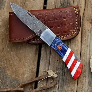 Custom Handmade Damascus Steel Back Lock Folding Pocket <b>Knife</b> American Flag Handle With Leather <b>Sheath</b> - Product Image 1