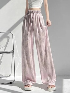 กางเกงขาบานเอวสูงลำลองใหม่เอวสูงผ้าไอซ์ซิลค์ทรงหลวมผูกเชือกย้อมสีหมึกสำหรับผู้หญิงแฟชั่นคลาสสิกรุ่นพื้นฐาน - Product Image 3