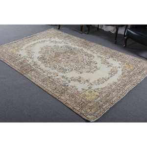 Handmade Traditional Beige Wool <b>Rug</b> 6.2 X 9.3 ft Patchwork Turkish Rectangle Hallway Design for Living Room Latex <b>Bedside</b> <b>Rug</b> - Product Image 2