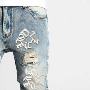 Custom High Street Hombres Casual Regular Fit Jeans Pantalones estampados rasgados de agua de alta calidad con cierre de mosca Botón de talla grande - Product Image 4