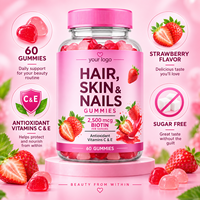 Gummies Beauté Cheveux, Peau et Ongles à la Biotine, Vitamines C et E, Goût Fraise, Complément Masticable, 60 Gummies, Emballage OEM Marque Privée