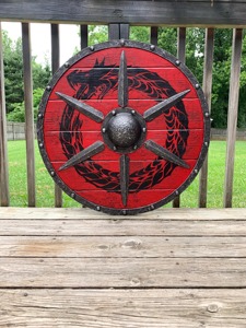 ROJO al aire libre Personalizable Battleworn Viking Shield Costume Escudo de madera hecho a mano con correas de cuero y cuchillos DIY Soporte OEM - Product Image 3