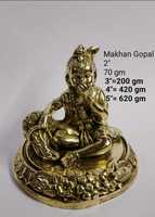 Statue artisanale en laiton moulé de petit Krishna, Makhan Gopal, Ladoo Gopal avec veau, décoration religieuse pour la maison et le temple