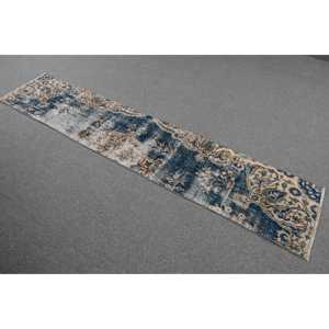 Alfombra Turca Vintage, Alfombra de 1.7x8.2 pies, Alfombra de Lana Abstracta Azul Marrón - Product Image 2