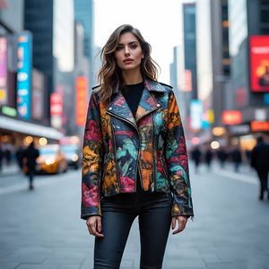 แจ็คเก็ตไบค์เกอร์หนังแท้สำหรับผู้หญิง, เสื้อแจ็คเก็ตหนังแกะพิมพ์ลายกราฟิกสำหรับขี่มอเตอร์ไซค์ - Product Image 2