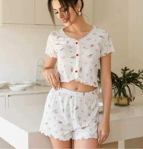 New Style 2pc Women's <b>Pajamas</b> Set Short Sleeve And Short <b>Pants</b> Casual And Fashionable Cherry Printed Home wear <b>Men</b> - Product Image 4