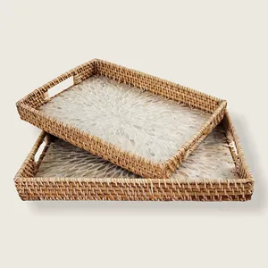 Wholesale High <b>End</b> Quality Rectangle Mother of Pearl Rattan Serving Tray MOP Inlay Lacquer Tray for Home and Restaurant - Product Image 1