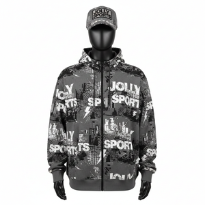 Sudadera con Capucha de Forro Polar de Poliéster Premium con Estampado Gráfico Completo en Gris y Negro, Logotipo Personalizado por Sublimación, Sudadera Básica con Cremallera - Product Image 1