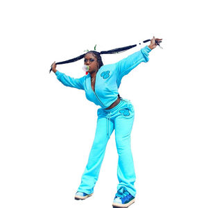 Ensemble de survêtement streetwear pour femme en 2 pièces, uni, brodé, respirant, veste zippée à manches courtes et longues, pantalon de survêtement, 100% coton - Product Image 5