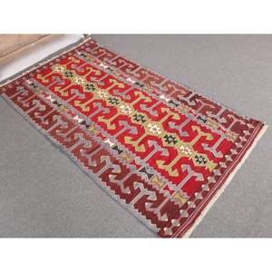 พรมวินเทจขนาด 3.1x5.4 ฟุต, พรมคิลิมตุรกี, พรมขนสัตว์สีแดงล้วน - Product Image 1