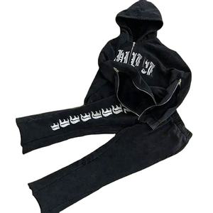 Joggers évasés personnalisés de haute qualité pour hommes survêtements Patchwork sweat à capuche zippé pantalons empilés hiver ensembles de vêtements d'extérieur imprimés décontractés - Product Image 1