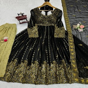 Stylish Party Wear <b>Suit</b> Set Fully Stitched Faux Georgette Top and Plazo with Elastic Waist, Embroidered Net Dupatta (2.2 M) - Product Image 5