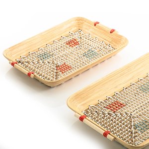 Bandeja rectangular de bambú y algas marinas, elegante, azul, con asas de cuero, venta al por mayor - Product Image 4